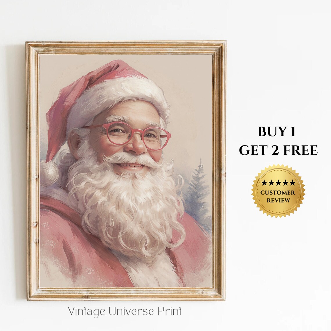 Santa Claus Portrait With Red Glasses Vintage Christmas Poster