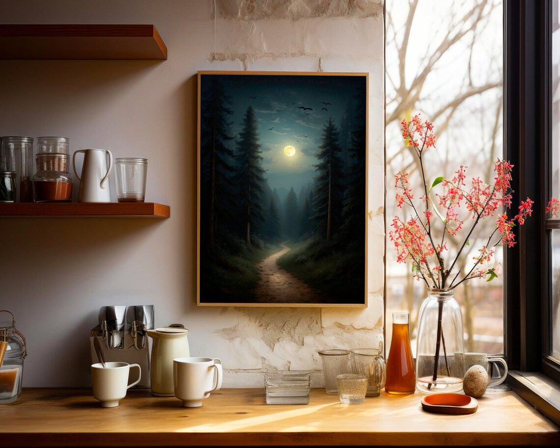 Moonlit Forest Path Between Tall Pines with Flying Birds Night Art Print - Image 3