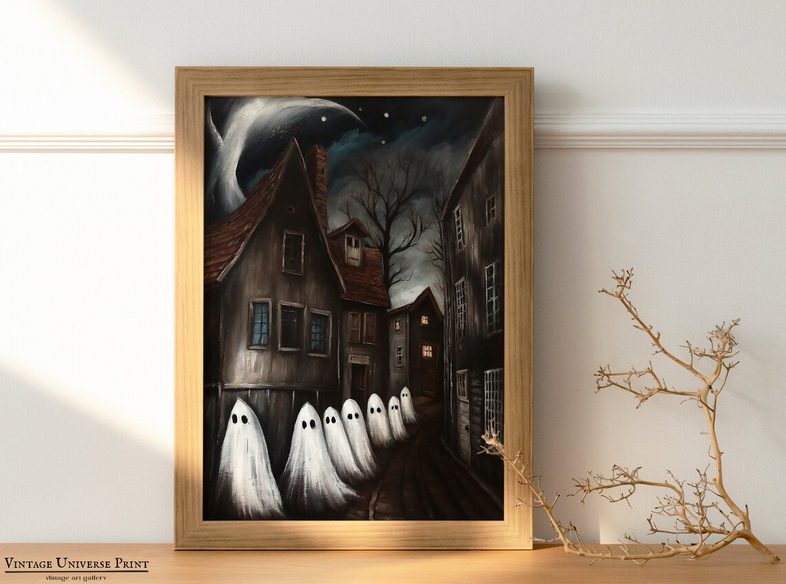 Seven Sheet Ghosts Wandering a Dark Village Street at Night Spooky Poster - Image 2