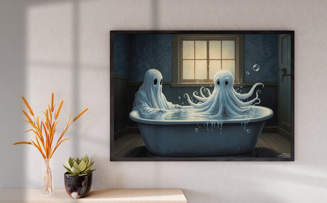 Bathroom Art Ghost In Bath With Octopus Ghost Bathroom Wall Decor Ghost Painting Funny Bathroom Print Ghost Bathroom Poster 166 - Image 4
