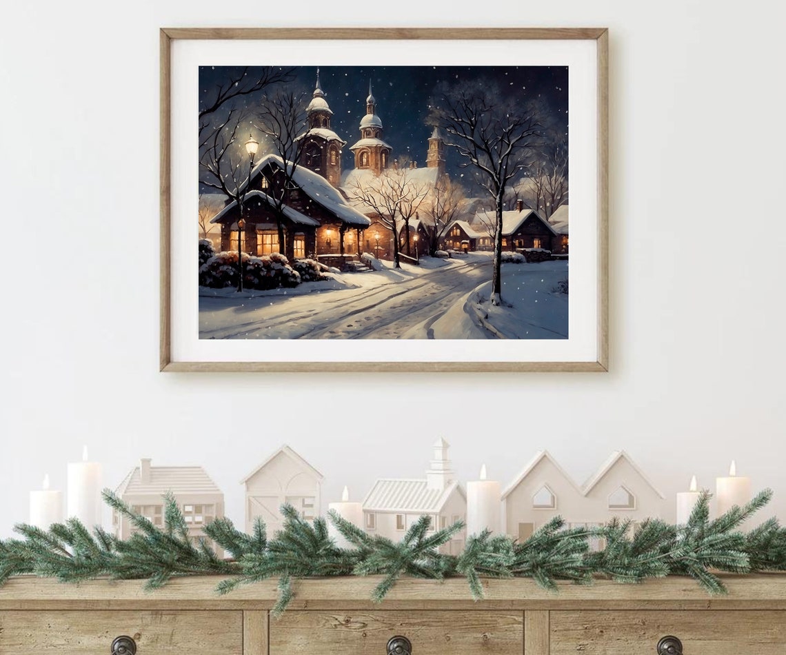 Snowy Village Night Glowing Church Falling Snow Winter Street Poster - Image 2