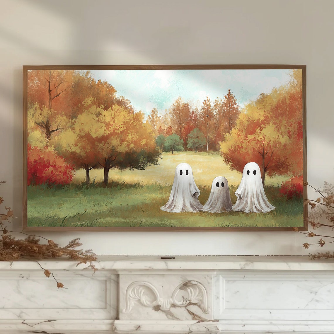 Three Cute Ghosts In Colorful Autumn Meadow Fall Halloween Poster - Image 4