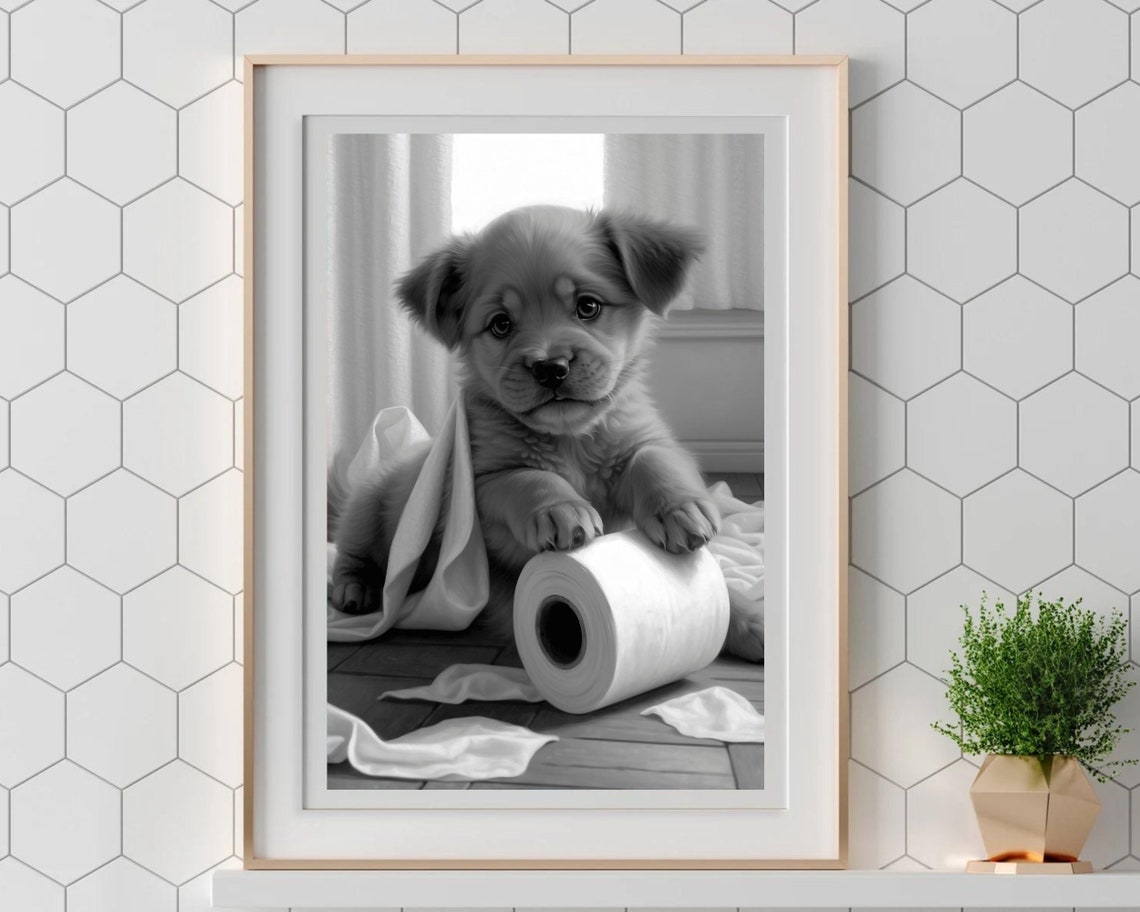 Playful Puppy With A Toilet Paper Roll Black And White Poster - Image 5