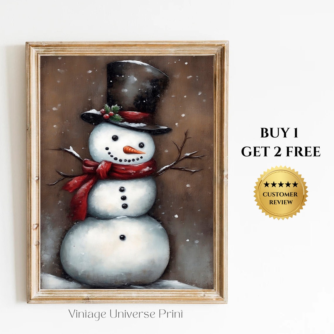 Cute Snowman Top Hat Red Scarf Vintage Christmas Winter Poster