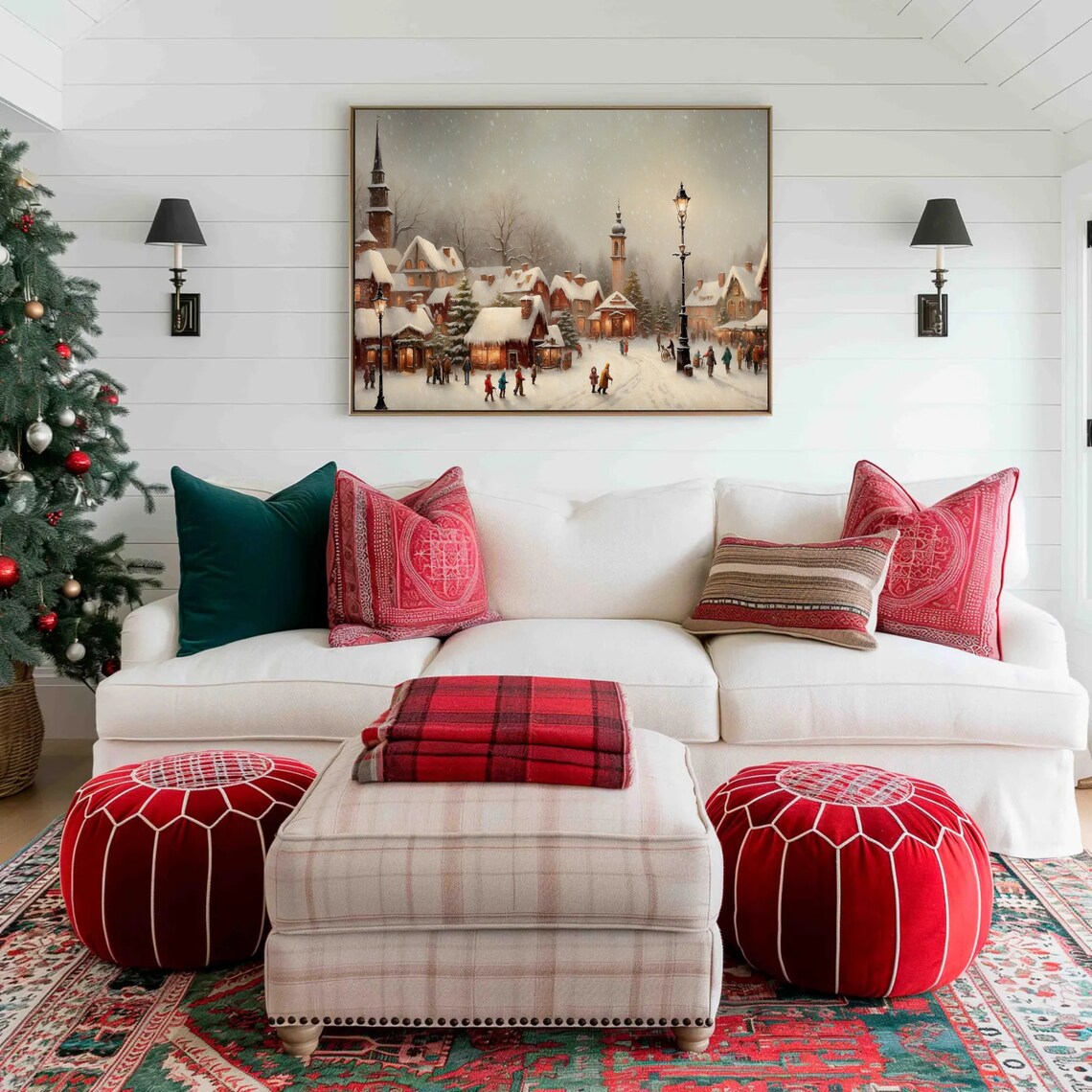 Christmas Town Print Vintage Christmas Wall Art Decorated Christmas Village Streets Moody Snowy Winter Landscape Painting - Image 4