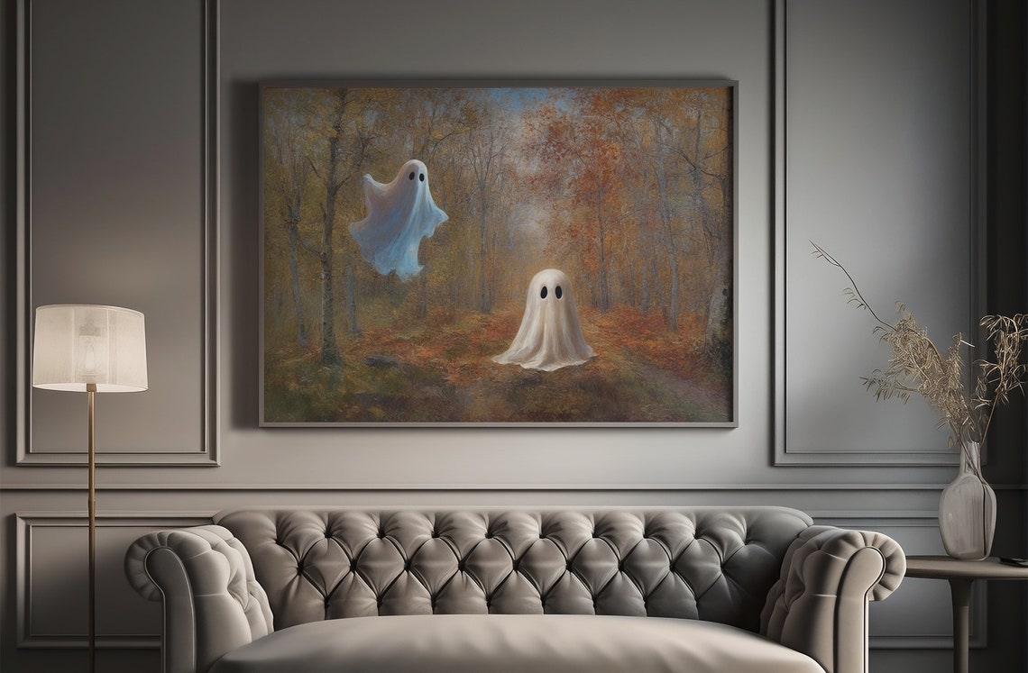 Two Ghosts In Golden Autumn Forest Vintage Spooky Fall Art Poster - Image 3