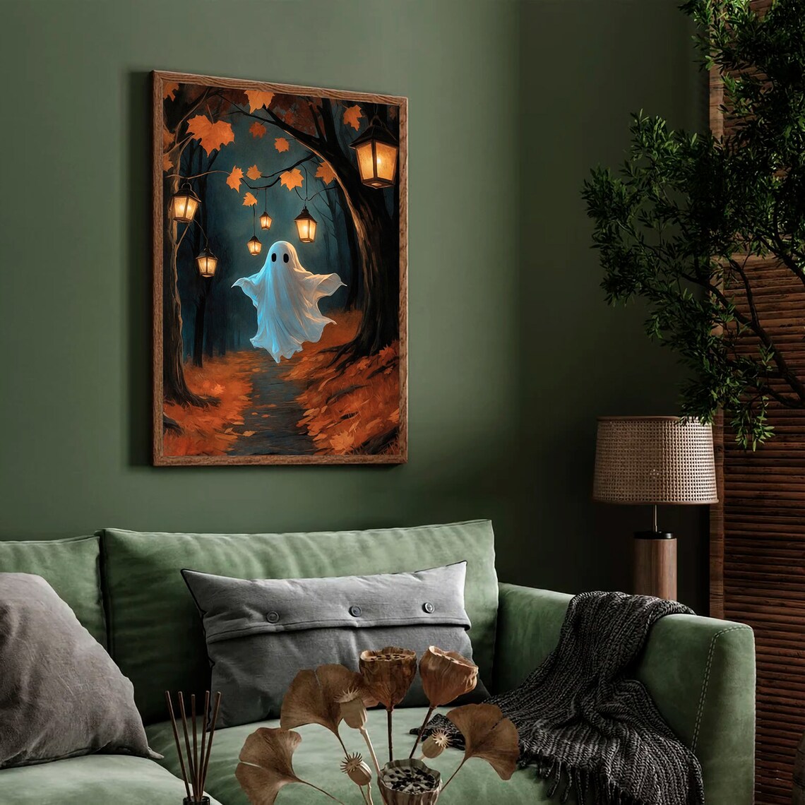 Cute Ghost On Lantern Lit Path In Dark Autumn Woods Halloween Painting Poster - Image 2