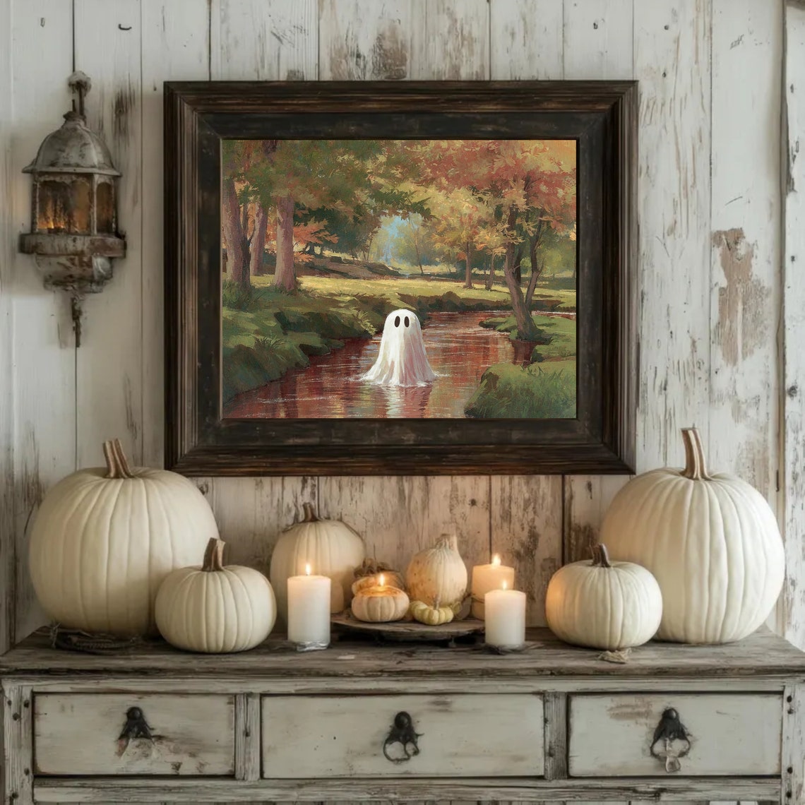 Ghost Floating In Autumn Stream Forest Vintage Halloween Wall Poster - Image 3