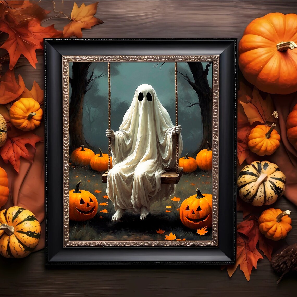 Ghost Sitting On A Tree Swing Surrounded By Jack O Lanterns Halloween Art Print - Image 3