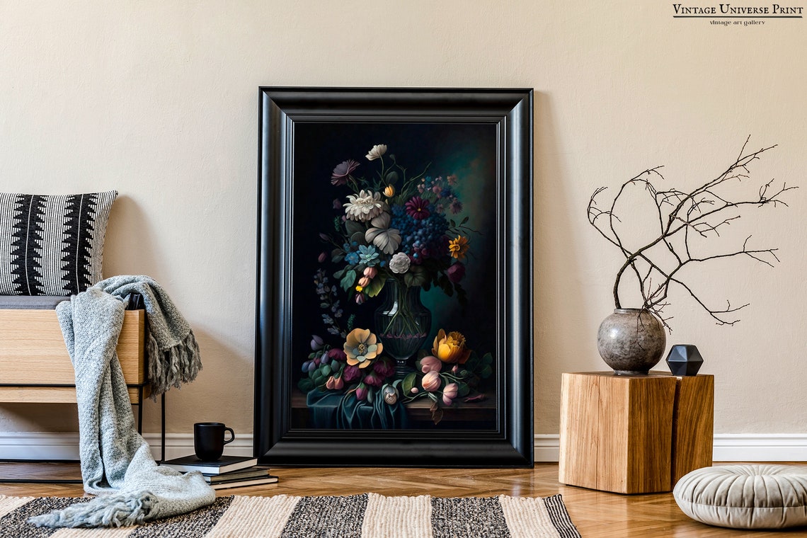 Moody Floral Bouquet in Glass Vase Dutch Style Still Life Poster - Image 2