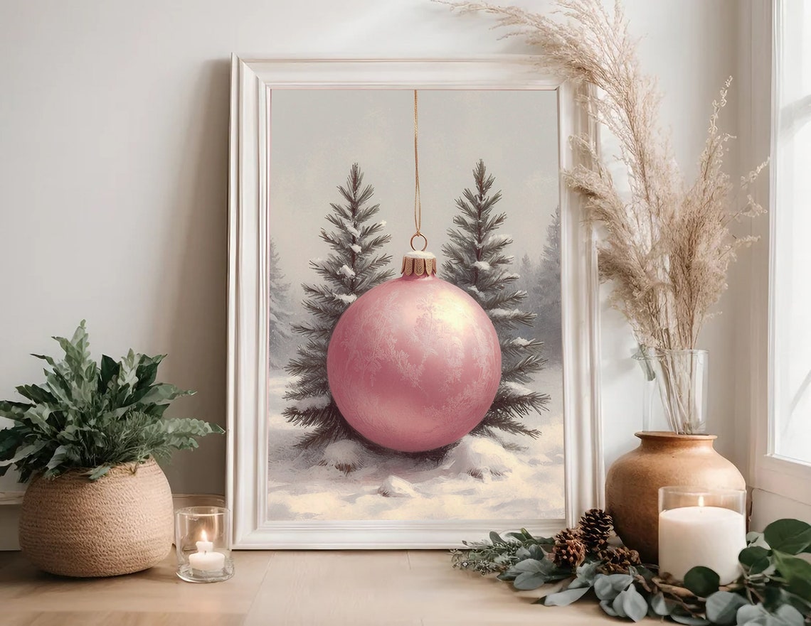 Pink Christmas Ornament Bauble Snowy Pine Trees Winter Holiday Poster - Image 5