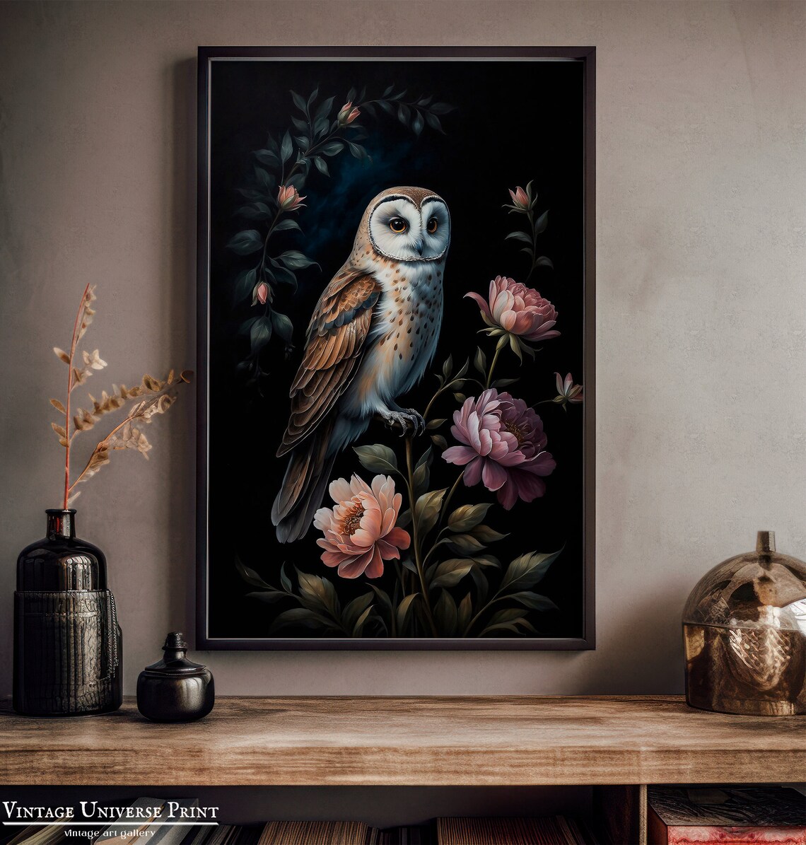 Barn Owl Pink Peony Blooms Moody Floral Dark Night Garden Poster - Image 3