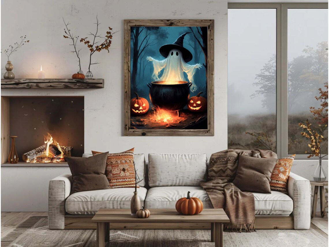 Witch Hat Ghost Brewing A Glowing Cauldron With Jack O Lanterns Halloween Art Print - Image 3