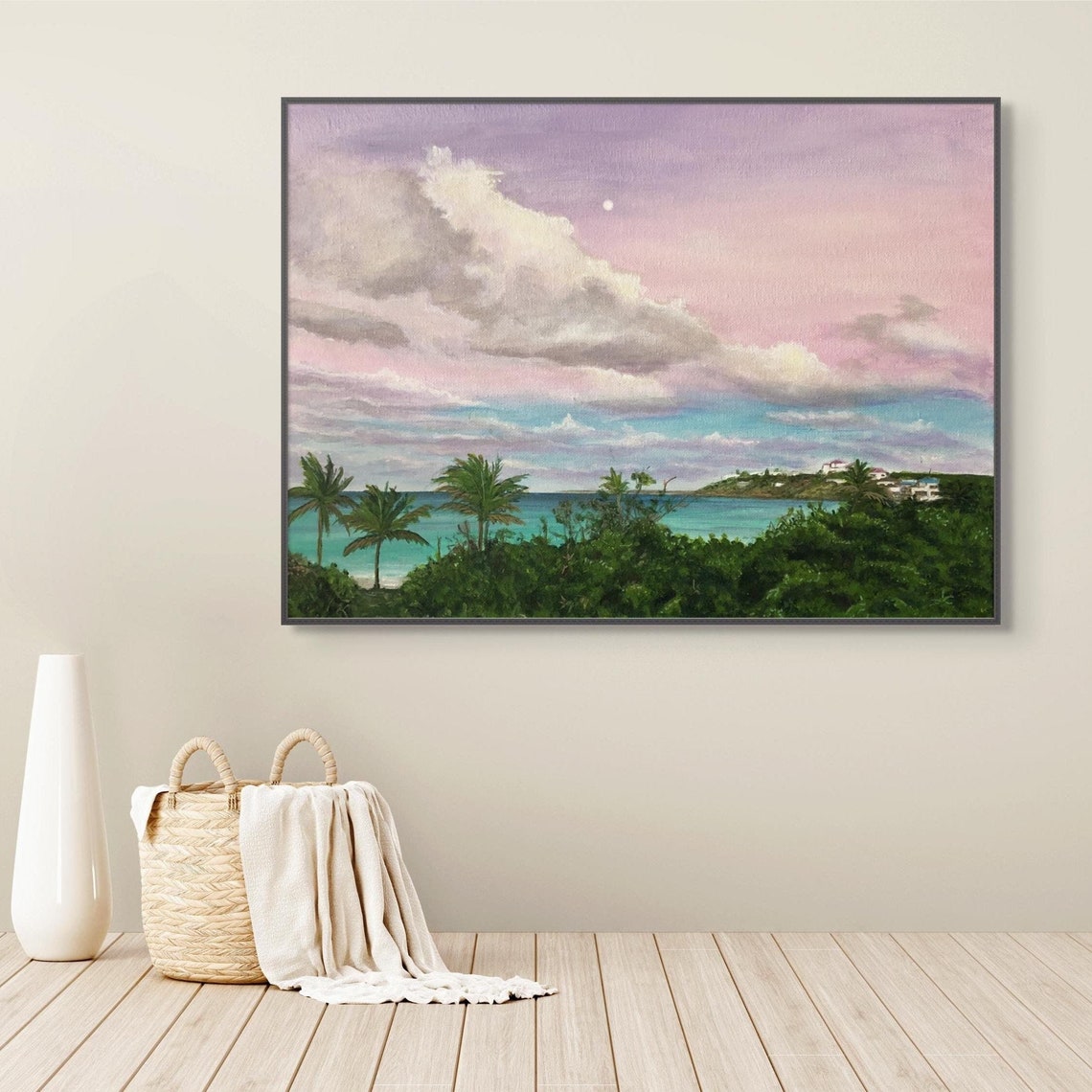 Lavender Sunset Sky Turquoise Bay Palm Trees Moonrise Beach Poster - Image 2