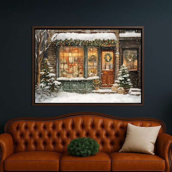Cozy Christmas Shop Storefront Snowy Night Winter Scene Poster