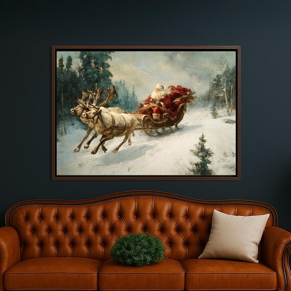 Santa In Sleigh With Two Reindeer Racing Through Snow Poster