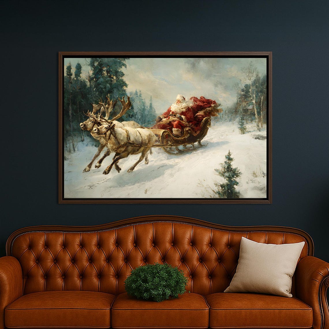 Santa In Sleigh With Two Reindeer Racing Through Snow Poster