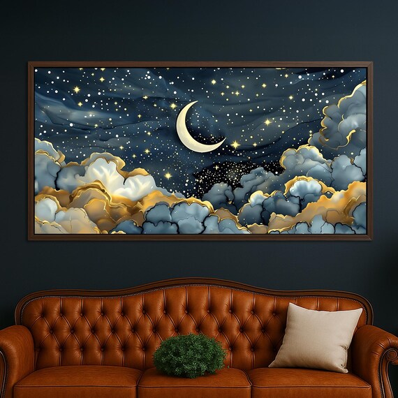 Starry Night Sky Canvas Art Crescent Moon And Stars Wall Cloud Print