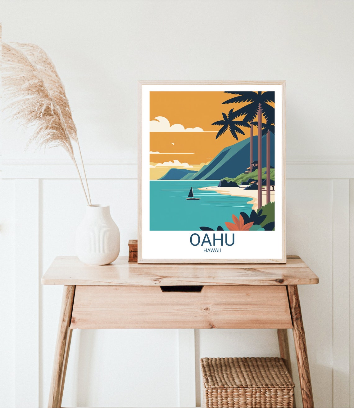 Oahu Hawaii Beach Retro Travel Illustration Turquoise Ocean Poster - Image 3