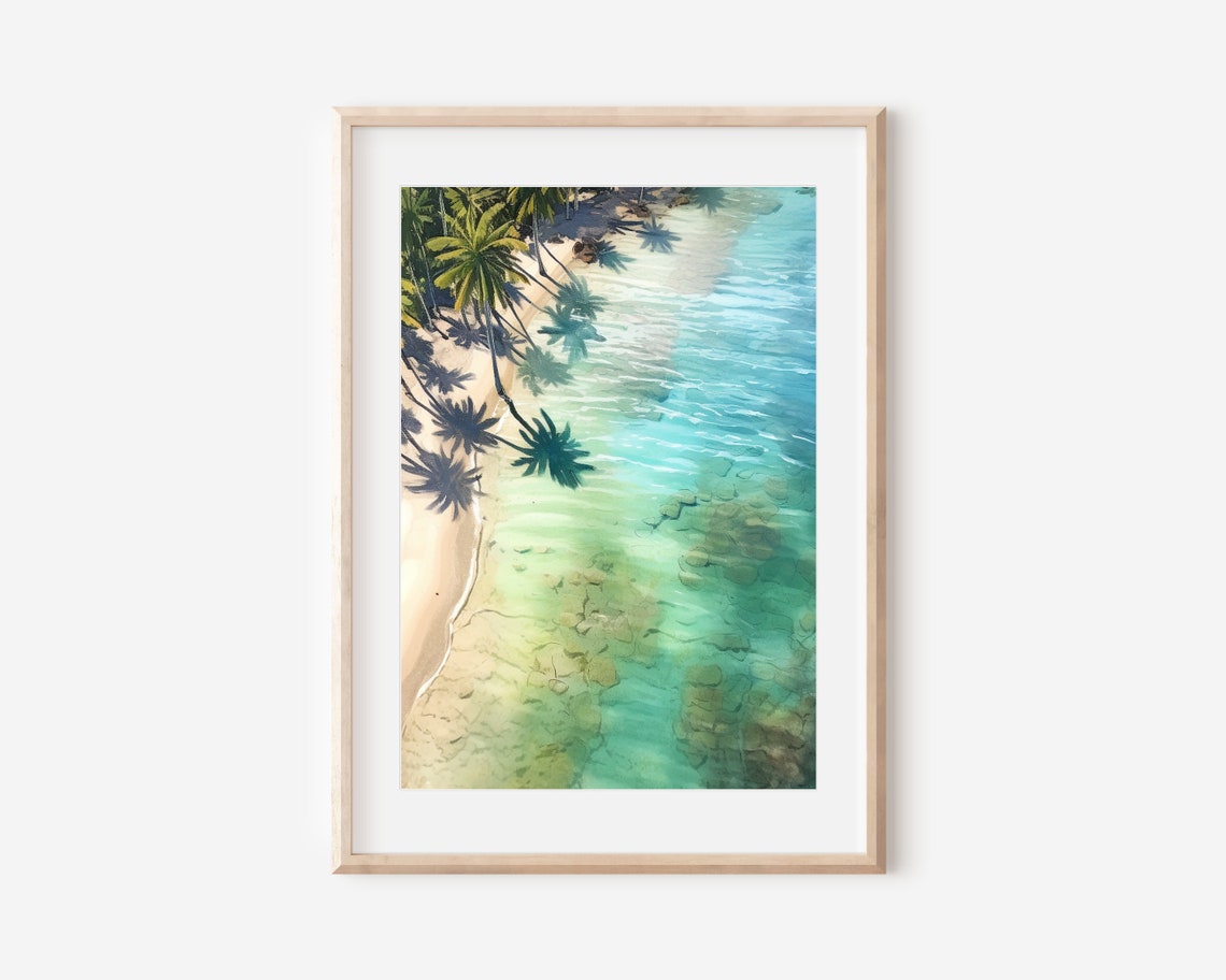 Aerial Tropical Lagoon Watercolor Palm Shadows Beach Wall Art Poster