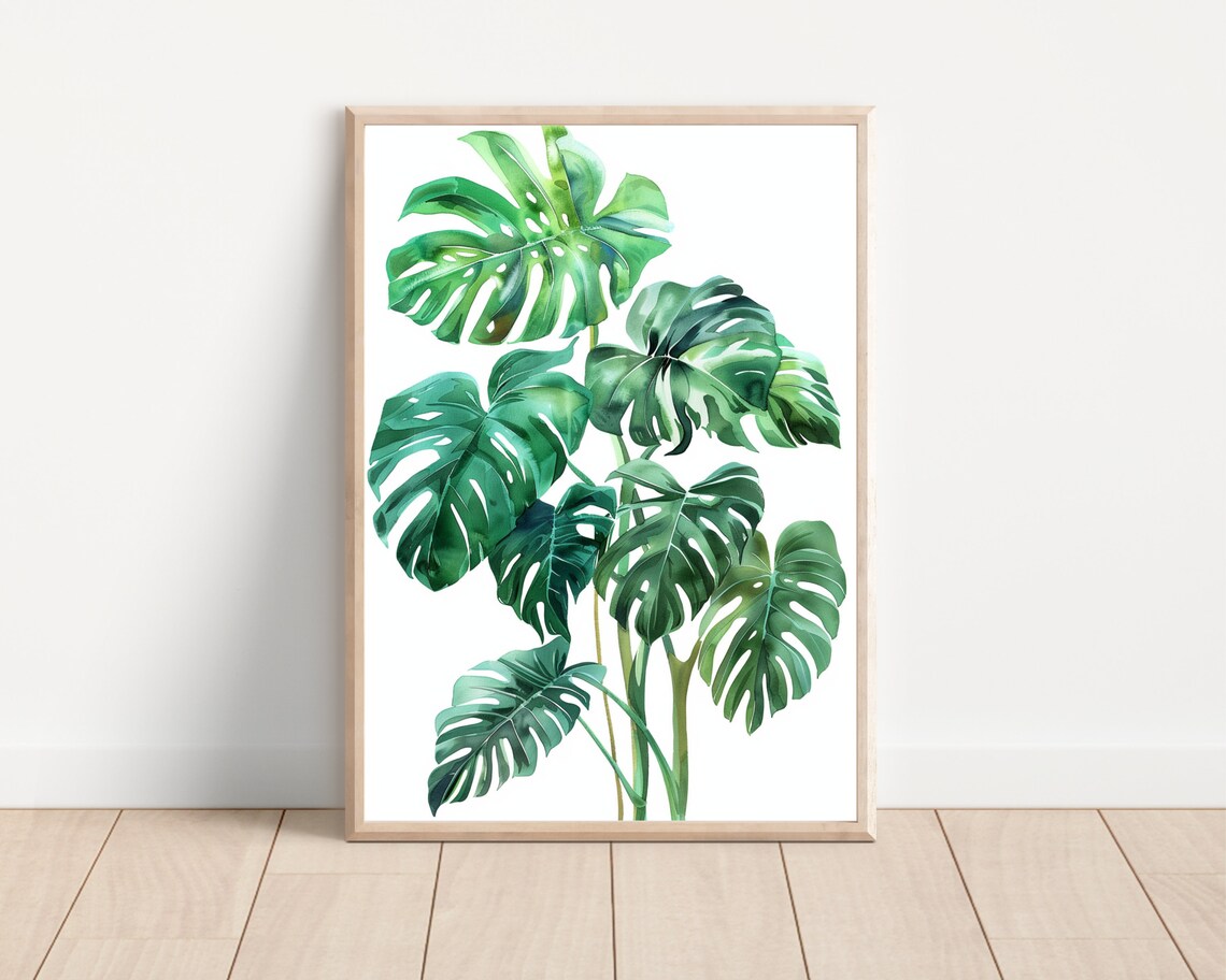 Green Monstera Leaves Watercolor Tropical Plant Botanical Wall Poster