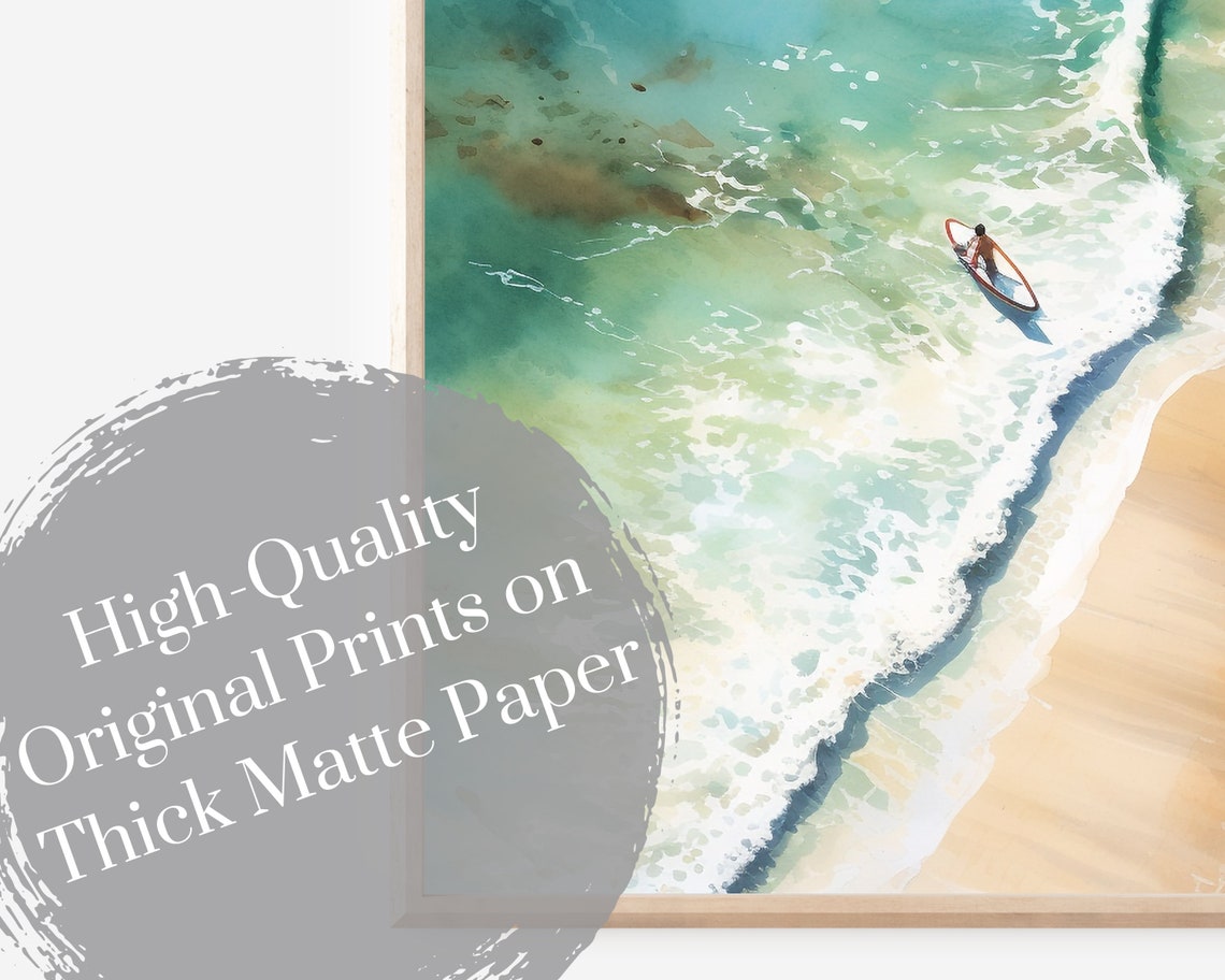 Aerial Beach Surf Watercolor Turquoise Wave Ocean Wall Art Poster - Image 3