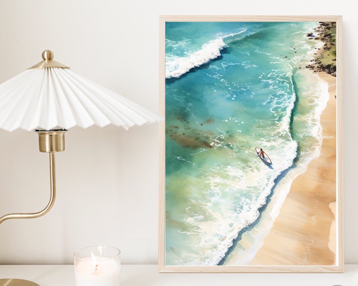 Aerial Beach Surf Watercolor Turquoise Wave Ocean Wall Art Poster - Image 2