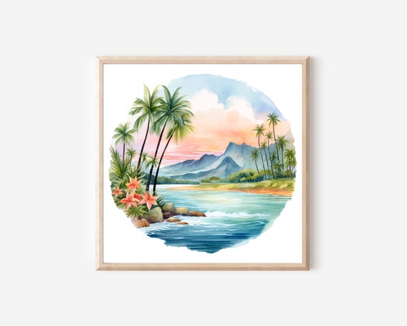 Hawaiian Paradise Watercolor Tropical Island Scenic Art Coastal Landscape Painting Nature Inspired Decor Pacific Ocean Wall Print