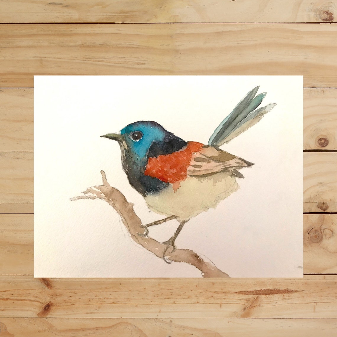 Blue Headed Songbird With Scarlet Chest Watercolor Bird Poster - Image 3