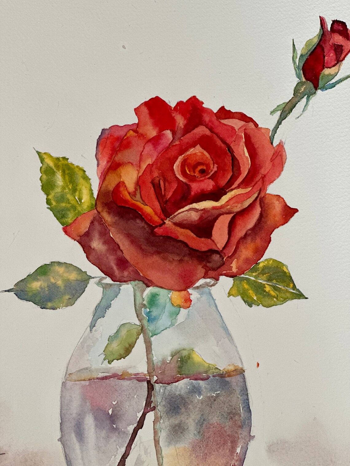 Single Red Rose with Bud in a Clear Glass Vase Watercolor Poster - Image 3