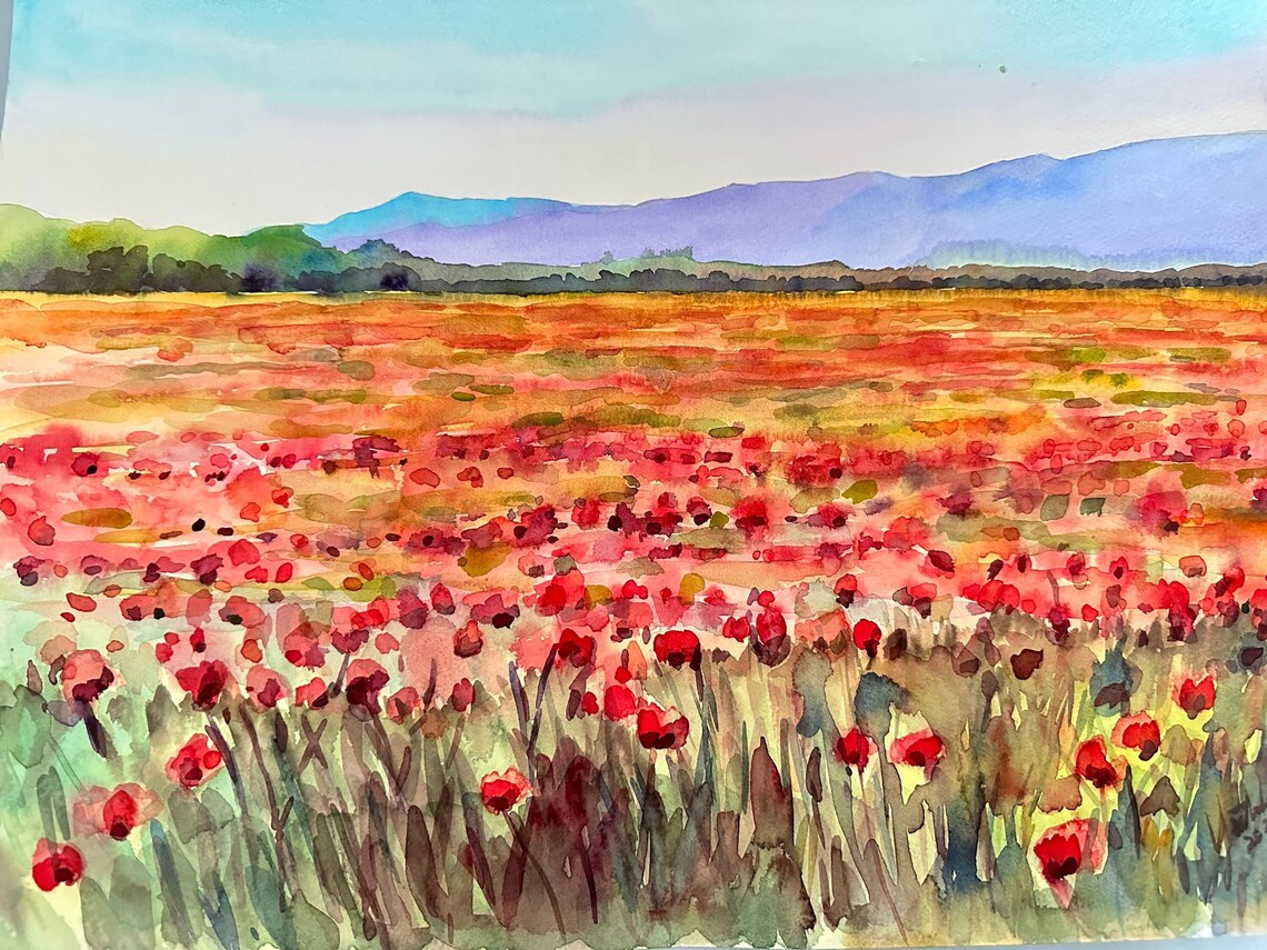 Vast Red Poppy Field Under Purple Mountains Watercolor Poster