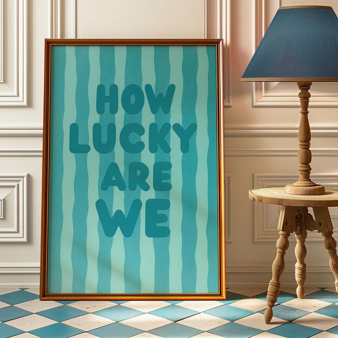 How Lucky Are We Teal Wavy Stripe Typography Gratitude Quote Poster