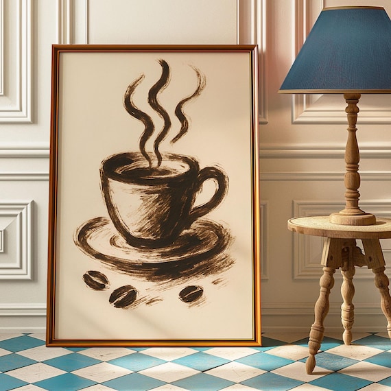 Minimalist Coffee Cup Sketch Poster Kitchen Cafe Vintage Decor Art