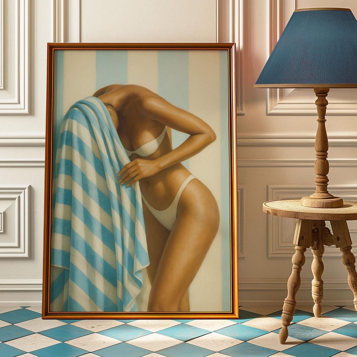 Retro Beach Babe White Bikini Striped Towel Vintage Summer Art Poster