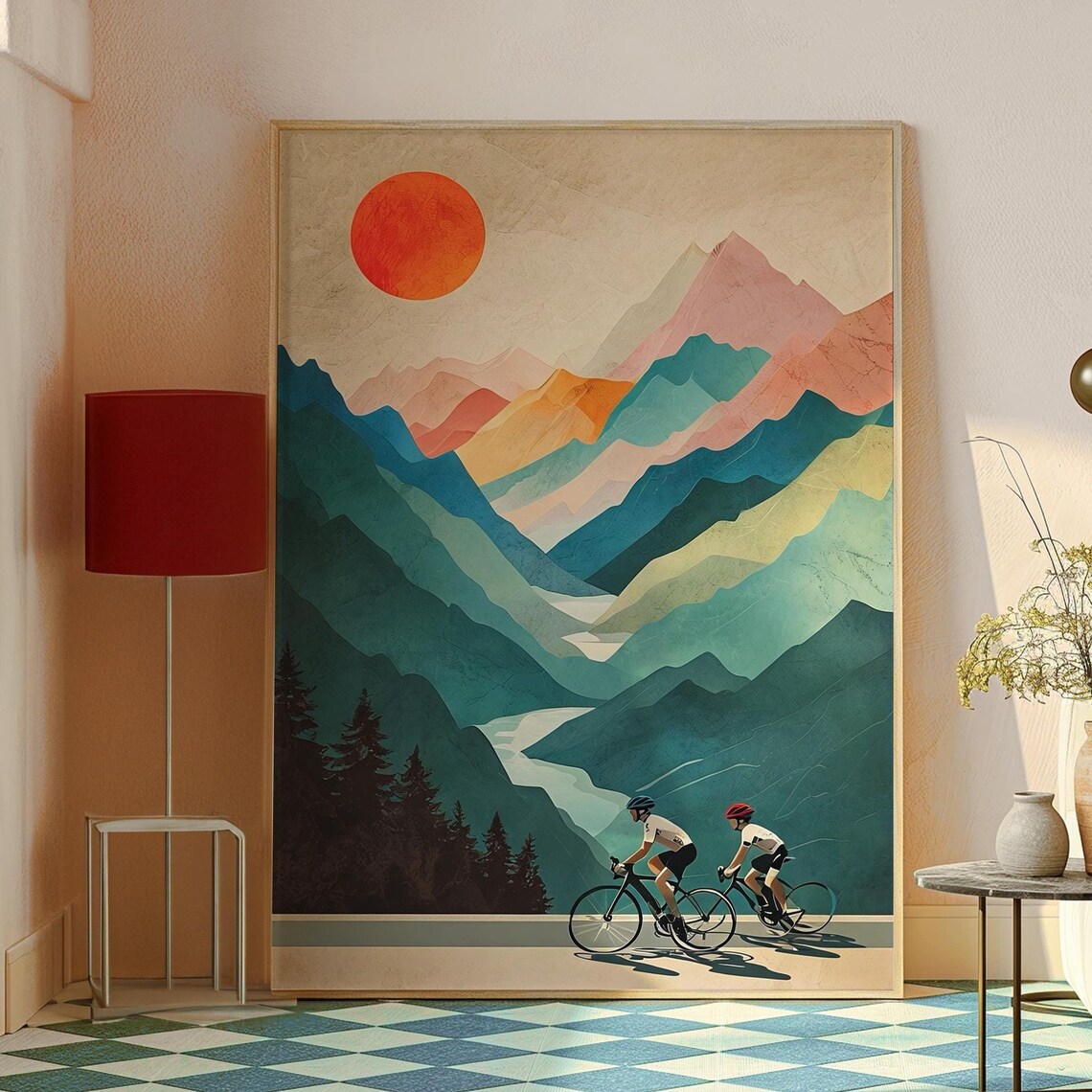 Road Cycling Couple Art Poster Riding Through Mountain Valley