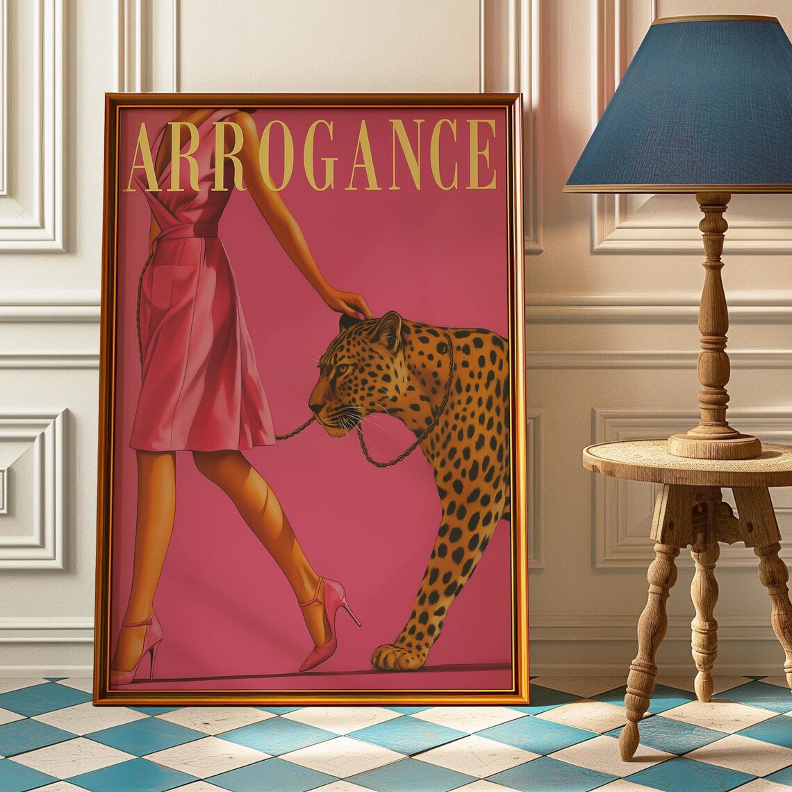 Vintage Woman Walking A Tiger Art Print, Retro