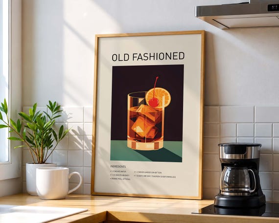 Old Fashioned Cocktail Art Print, Bar Cart Decor