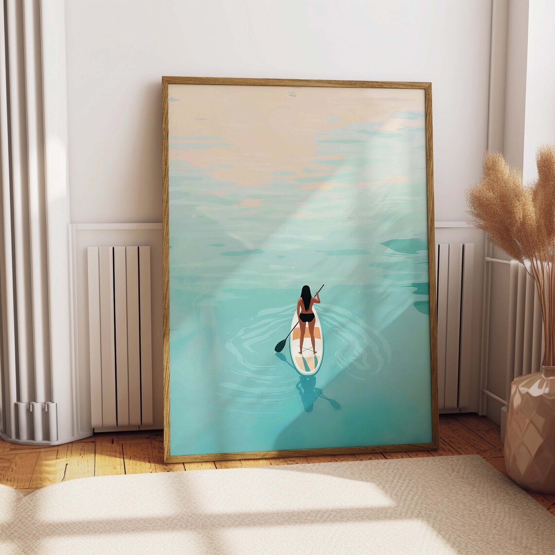 Paddle Board Poster Woman on Turquoise Water Aerial Ocean Summer Art
