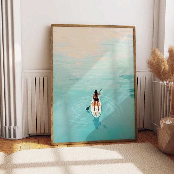 Paddle Board Poster Woman on Turquoise Water Aerial Ocean Summer Art