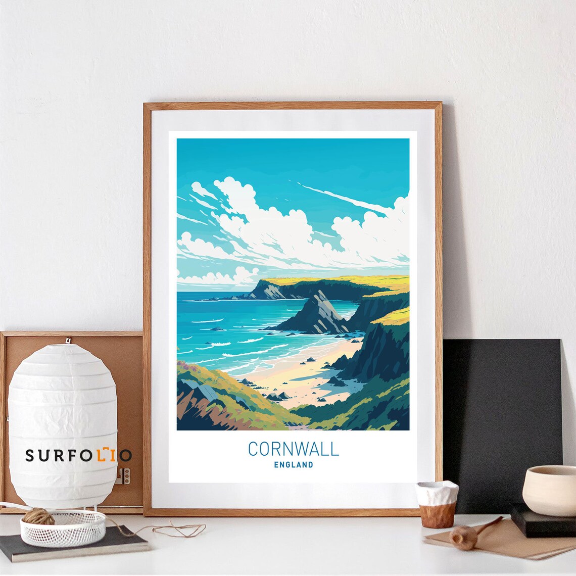 Cornwall England Coastal Travel Poster, Seaside Illustration