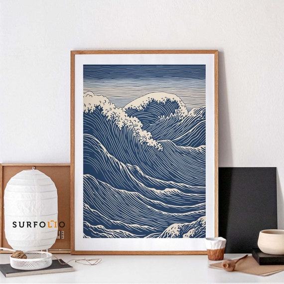 Linocut Wave Poster, Retro Japan Minimalist Seascape