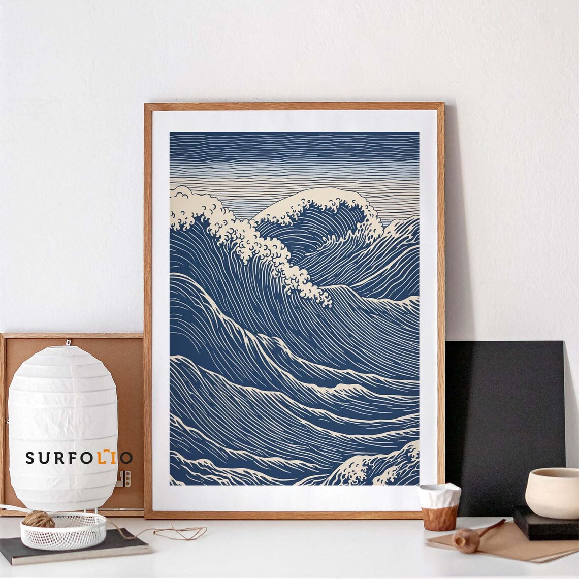 Linocut Wave Poster, Retro Japan Minimalist Seascape