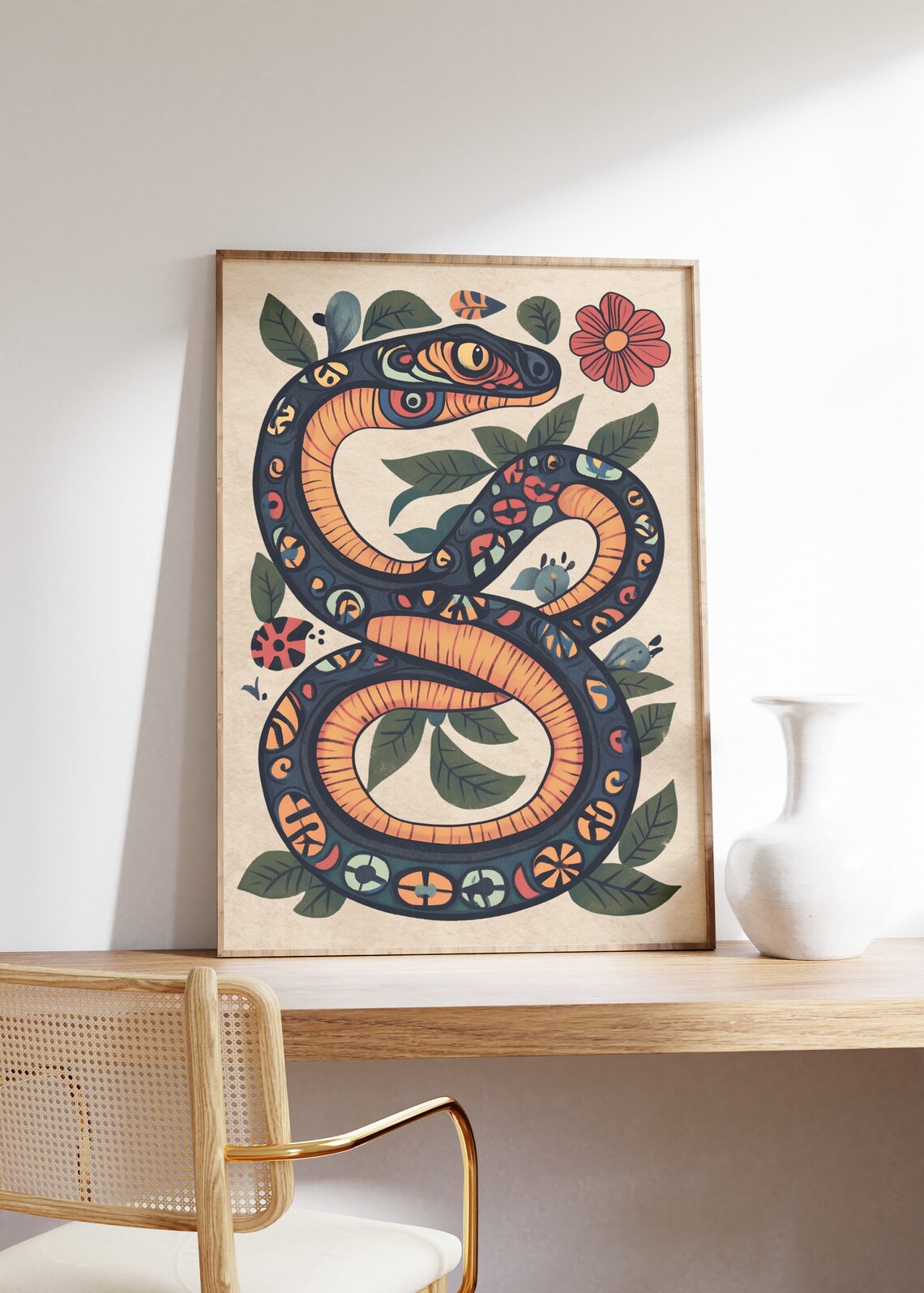 Folk Art Snake Coiled Among Colorful Flowers and Leaves Poster - Image 4