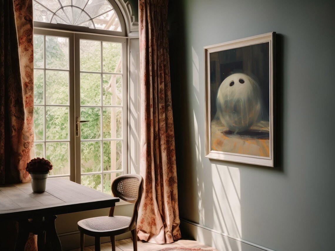 Ghost Shaped Like Bowling Ball Oil Painting Halloween Art Poster - Image 3