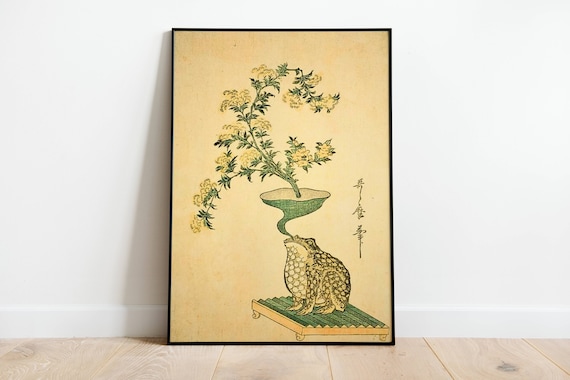 Japanese Frog Drinking from a Funnel Flower Ukiyo-e Style Poster