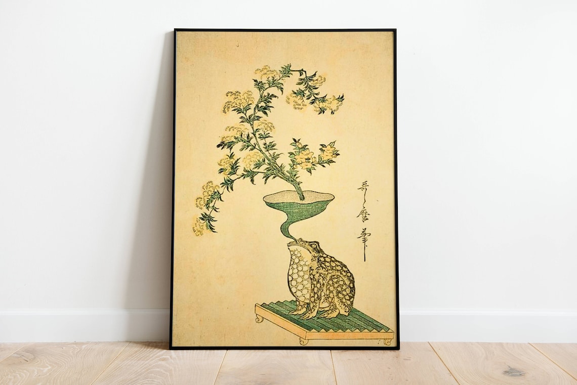 Japanese Frog Drinking from a Funnel Flower Ukiyo-e Style Poster