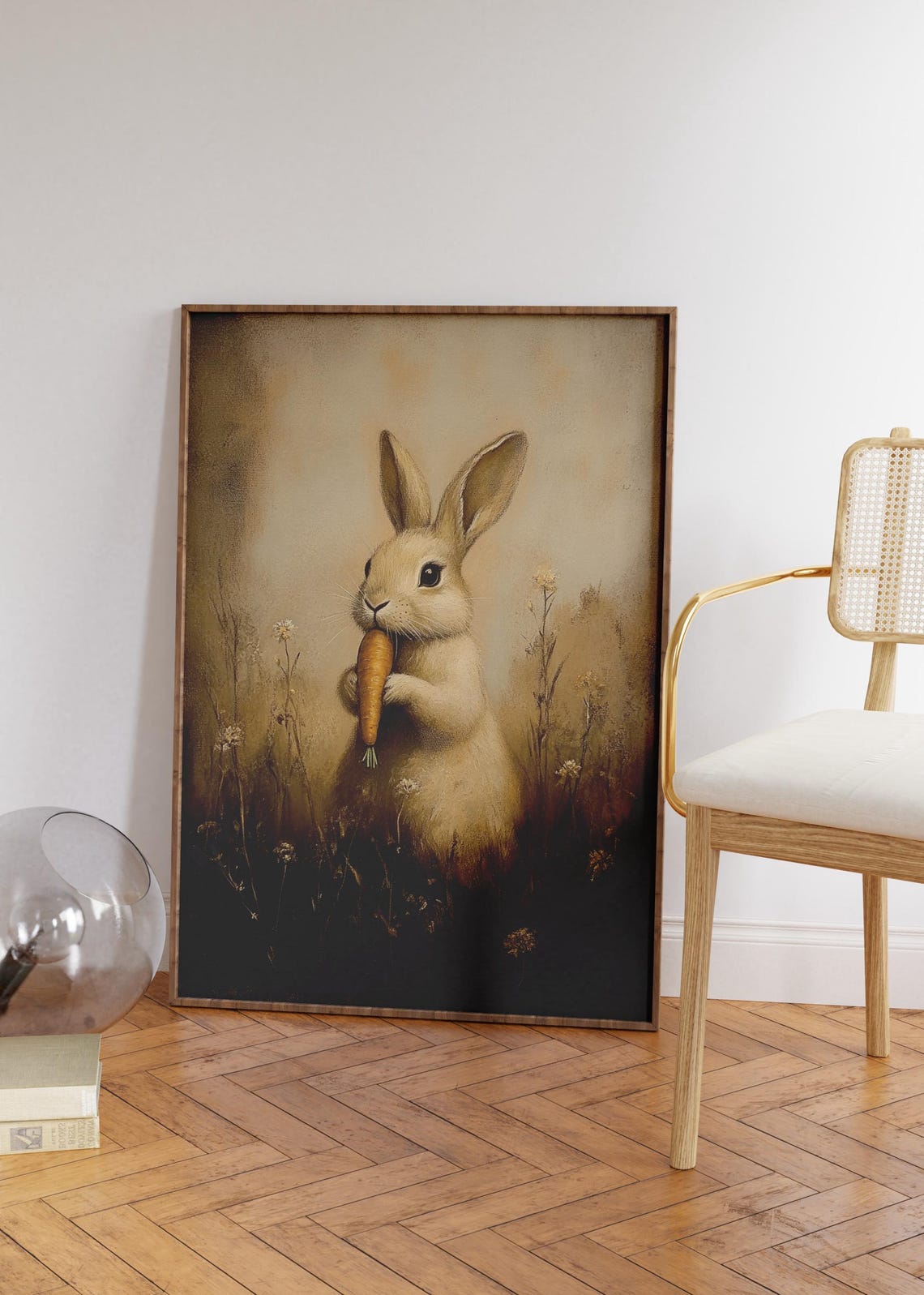 Moody Easter Bunny Eating Carrot, Rustic Art Print - Image 2