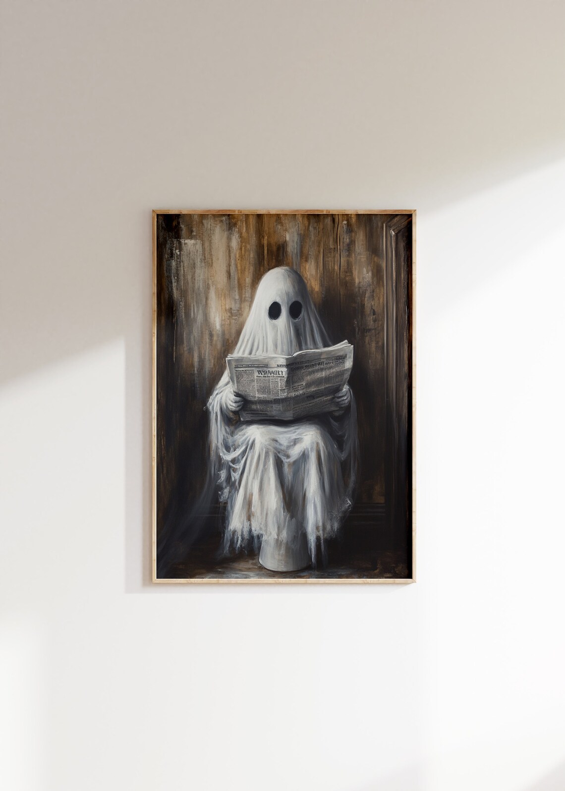 Sheeted Ghost Reading a Newspaper on the Toilet in a Dark Bathroom Poster - Image 2