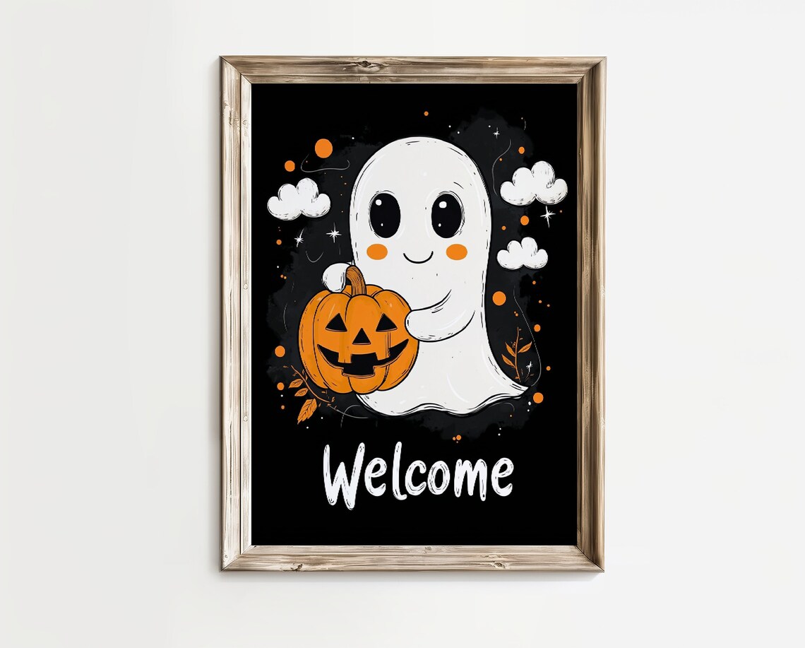 Cute Smiling Ghost Hugging a Grinning Pumpkin Welcome Halloween Poster - Image 2