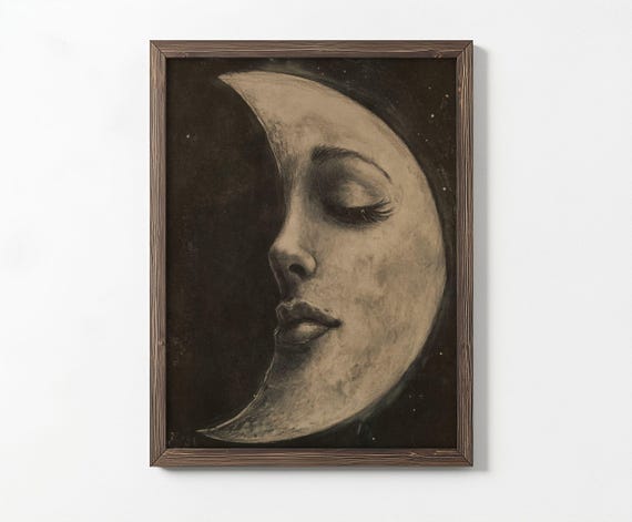 Charcoal Moon With A Womans Face Poster Vintage Moon Print Dark Academia Dark Aesthetics Large Wall Art Print Decor Dark Moody Print